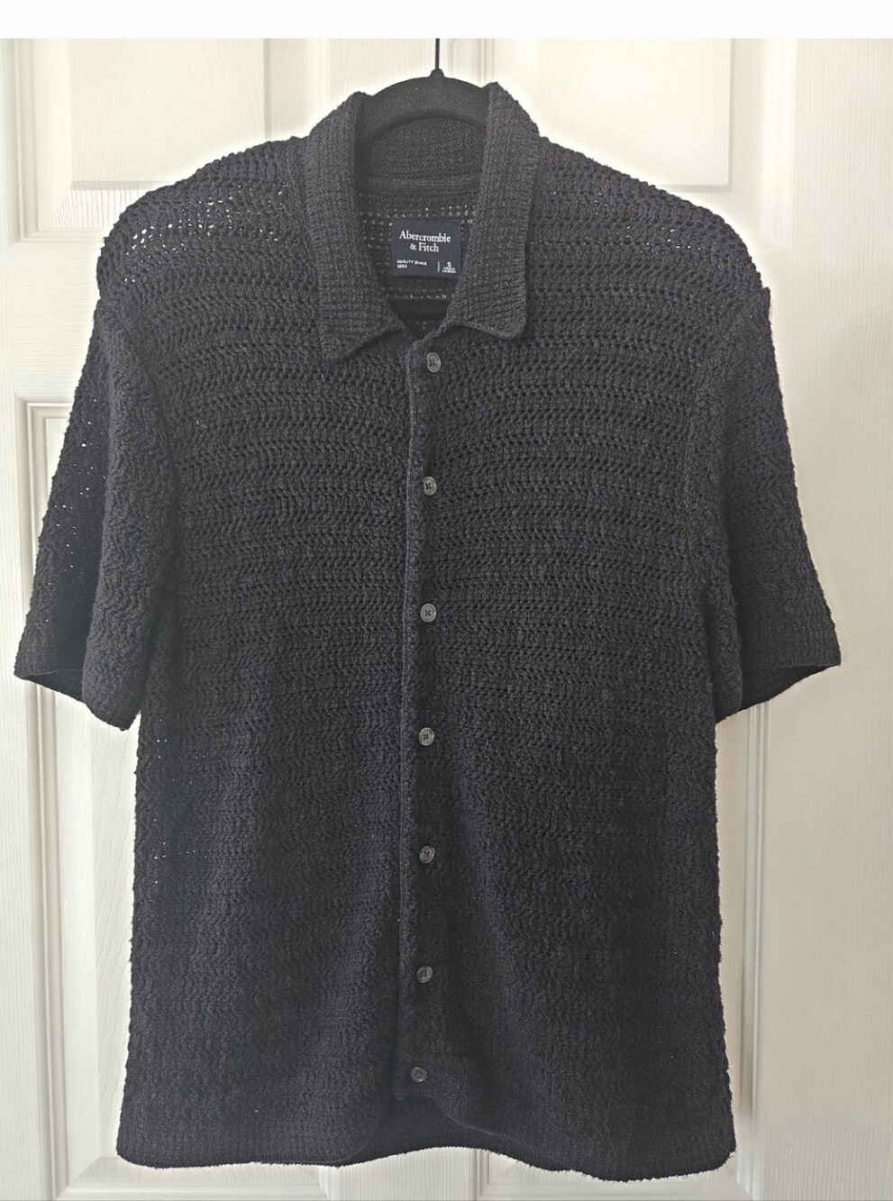 Men's Abercrombie & Fitch Black Crochet Short-Sleeve Button Shirt Size Small